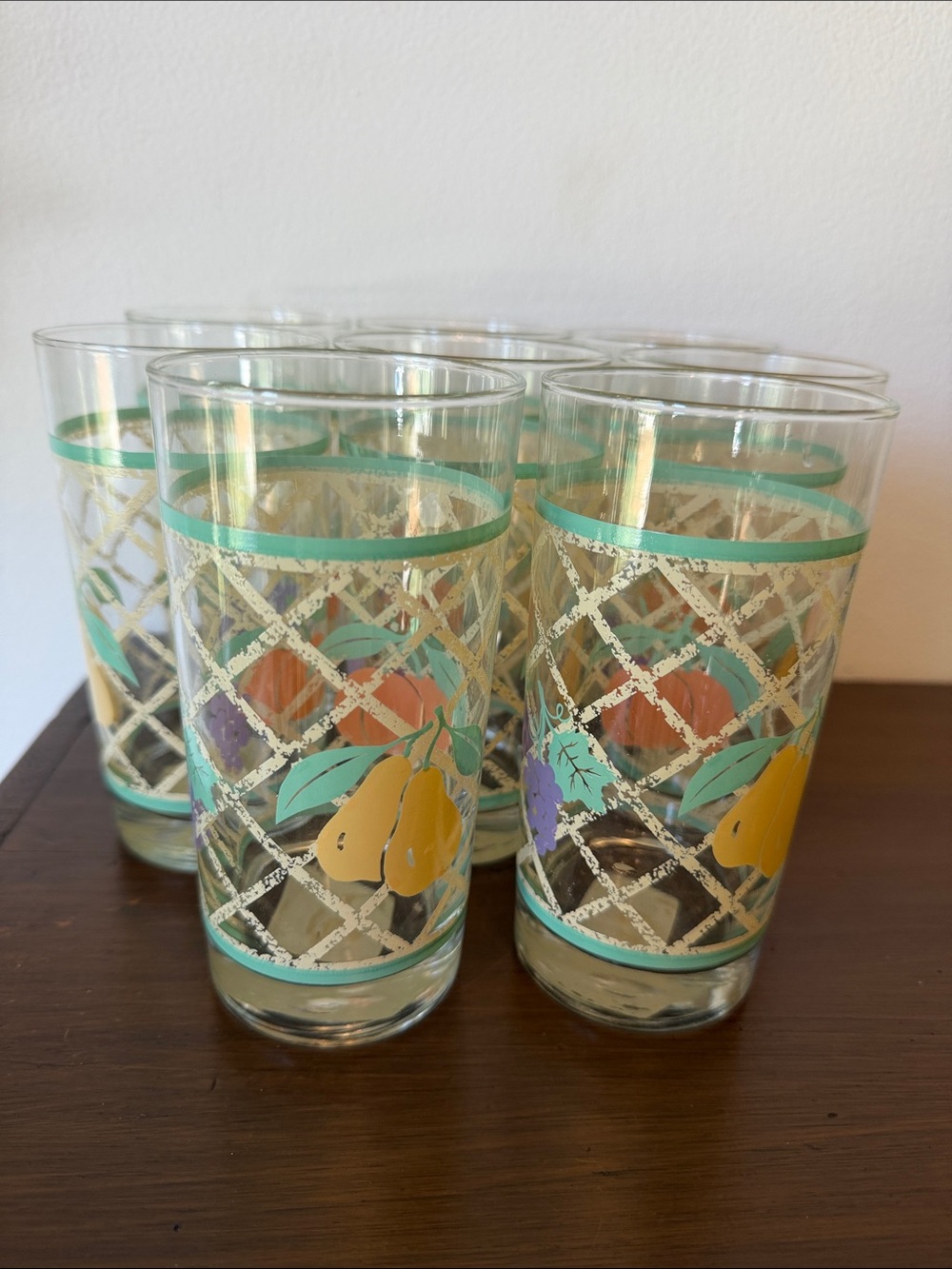 Libbey Vintage Fruit-Patterned Tall Drinking Glasses - Teal & Yellow (Set of 8)